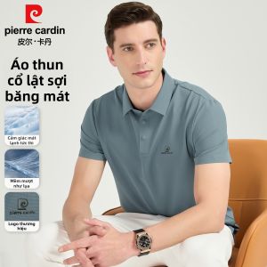 Pierre Cardin | Áo Thun Sợi Kẻ Mát Cổ Trụ Màu Đơn Giản Cao Cấp