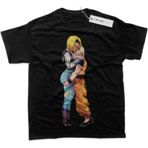 Bandai | Mens T Shirt Mens Sports T Shirt Mens Short Sleeve T Shirt Dragon Ball Goku Android 18 Hug Orange Blue Clothing Anime Print