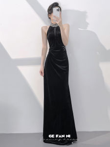 Elegant Banquet Evening Gown Fish Tail Halterneck Black Velvet