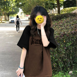 Black Coffee Patchwork Contrast Color T-shirt Top Trendy Summer Loose Casual Style Oversize Pure Cotton Short Sleeve T-Shirt Womens