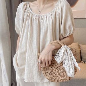Korean Style Cotton Linen Bubble Sleeve T-Shirt Womens Summer New round Neck Loose Slimming Fashion Personality Short Sleeve