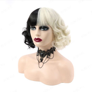 HAIRJOY Cruella Cosplay Bộ Tóc Giả Tổng Hợp Màu Đen/Trắng Rời Cong Bob Với Bangs Cho Nữ Trang Phục Hóa Trang Halloween Sợi Nhiệt Độ Cao