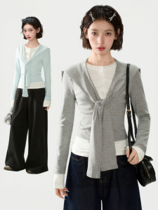 KBVVR | Gray Henry Collar Long Sleeve Faux Two-Piece T-Shirt