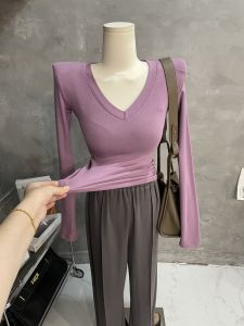 Shoulder Pad V-Neck Long Sleeve T-Shirt Slim Fit Base Shirt Weight Loss Black Top Pure Color Inner Wear Autumn New Style