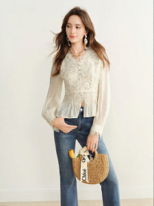 BADINA | Elegant Lace French Style Silk Organza Shirt