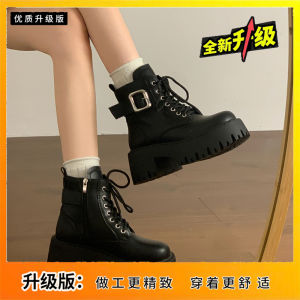 Thick-Soled British Style Boots Womens 2024 New Arrival Autumn and Winter Small Extra Height Black Shoelace Short Boots
