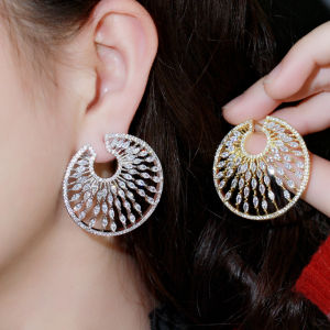 SEQUITO Designer Lady Jewelry White Gold Color Full Micro Pave Sparkling AAAAA Cubic Zirconia Fan Shape Hollow Round Big Prom Party Earrings Costume Accessories SE802