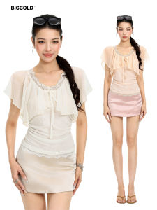 Lace Trim V-neck Flounce Sleeve Summer Stylish Slim-fit T-shirt