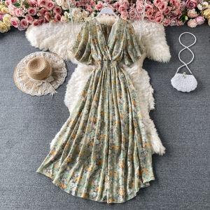 Floral Print Chiffon Dress V-Neck A-Line Midi Skirt Korean Style High Waist Short Sleeve Bell Sleeve Belted Summer New Arrival