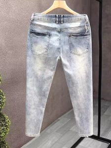 Light Blue Mens Slim Straight Jeans mid Waist High Elasticity Casual Long Pants Wear Resistant Water Washed Spring Summer New