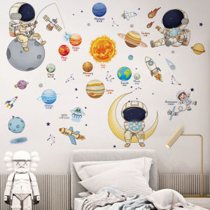 Outer Space Astronauts Wall Sticker Cartoon Childrens Room Baby Boy Bedroom Kindergarten Classroom Theme Decoration Stickers Mural