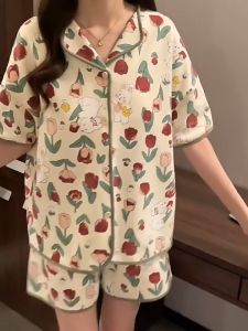 DS ชุดนอนผู้หญิง ชุดนอน ผ้าคอตตอน ชุดนอนแขนสั้นขาสั้น ลายน่ารัก ผ้านิ่มลื่นไม่ยับง่าย M-2XLชุดนอนแฟชั่นสไตล์เกาหลี ผ้านิ่มใส่สบาย Womens pajamas เสื้อผ้าผู้หญิง