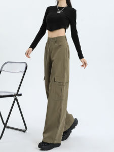 กางเกงทำงานสีเขียวทหารเอวสูง กางเกงขายาวทรงตรงหลวมๆ สำหรับผู้หญิง กางเกงขายาวลำลอง ทรงหลวมๆ ทรงหลวมๆ ทรงหลวมๆ