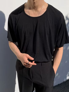 Korean Style Low Neck Ice Silk T-Shirt Men Loose Shoulder Drop Short Sleeve Half Sleeve U-Neck Pull over Summer Cool Breathable Thin Top