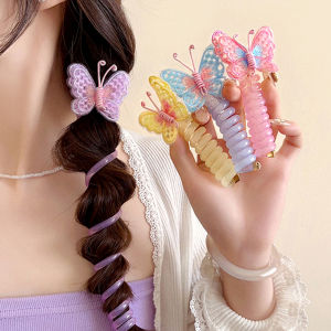 ผมทรงผีเสื้อแบบยืดหยุ่นสายโทรศัพท์แบบยางรัดปักลายผีเสื้อที่คาดผมทรงเครื่องประดับผมหางม้าสูง