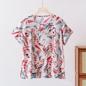 หลวม ผ้าฝ้าย ผ้าไหม เสื้อยืดแขนสั้นสไตล์แมมมี่ ฤดูร้อน ใหม่人ุ