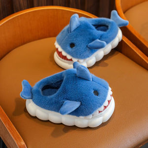 รองเท้าแตะผ้าฝ้ายลายฉลามกันลื่นสำหรับเด็ก รองเท้าแตะฤดูใบไม้ร่วง/ฤดูหนาวในบ้านสำหรับเด็กชายและเด็กหญิง