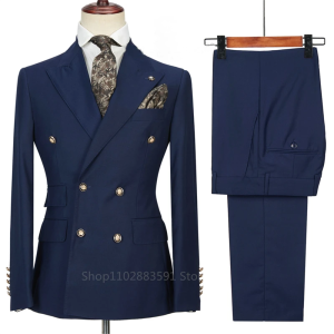2 Pieces Fashion New Mens Business Double Breasted Solid Color Suit Coat / Male Slim Wedding Blazers Jacket Pants Trousers