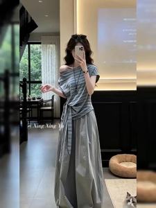 Y6Y | Bộ Quần Áo Phong Cách Thư Giãn Dây Kéo Vai Sọc