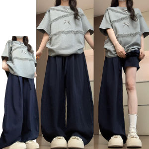 Summer Cool Cotton Linen Wide Leg Pants Womens High Waist Elastic Waist Slimming Drapey Casual Trousers Skin-friendly