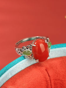 Natural South Red Agate Ring for Women Open Design Turquoise High End New Chinese Style Fashion Jewelry Silver Embedded Gemstone