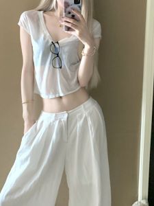 White Silk Short Sleeve T-Shirt Women Summer Spicy Unique Beautiful Loose Covering Shirt Short Micro Translucent Jazz Top Thin