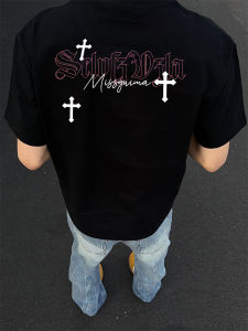 เสื้อยืดคอกลมแขนสั้นทรงหลวมสไตล์อเมริกันสำหรับผู้ชาย ผ้าฝ้ายแท้ สีดำ แฟชั่นฤดูร้อน เสื้อยืดคอกลมพิมพ์ลายสร้างสรรค์