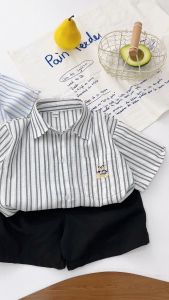 Bộ Cộc Tay Cho Bé Trai Bộ Sơ Mi Kẻ Túi Gấu Chất Đũi Cực Mát Cho Bé Từ 7-27kg Hàng Cao Cấp  - SUNGMIN KIDS