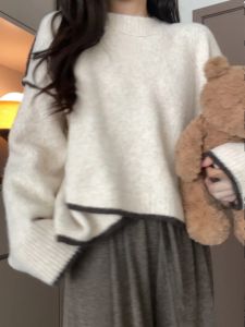 Stylish Asymmetrical Contrast Color Sweater Female New Arrival Fall and Winter Loose and Lazy Style Soft Glutinous Fancy Pullover Knitwear