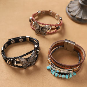 Retro Bohemian Leather Bracelet Womens Layered Hand Chain Ethnic Style Mid-century Accessory Fresh out Fashion Jewelry