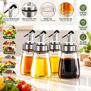 Set 4 Chai Thủy Tinh Đựng Gia Vị 200ml Oil Bottle Nắp Bấm Inox Vòi Rót Dầu Ăn