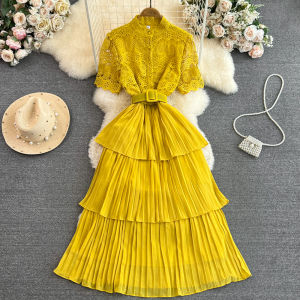 Đầm Mini Chữ A Giảm Béo Ren-appliqued Sang Trọng Có Cổ Đứng Và Eo Tuck Cao Cấp Mùa Hè Váy Dạ Hội Cho Nữ