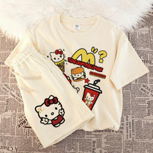 Summer Cartoon Kitty Cat Girls Short Sleeve T-Shirt Set Shorts Casual Cotton Two-Piece Outfit for Big Kids Ages 6-14