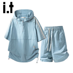 izzue | Summer Cool Silk Sport Casual Suit Set Hooded Short Sleeve T-shirt Shorts