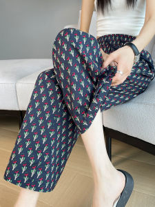 Floral Wide Leg Pants Womens Summer Thin Casual Loose High Waist Slimming Cotton Blend Nine Point Straight Cool Pants