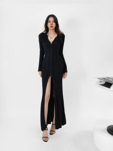 Grace Knitted Long Dress Womens Autumn Spring Slimming Bodycon Skirt Fish Tail Gown Elegant Lady Style Long Sleeve Polo Collar