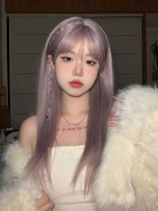 Natural Long Hair Full Head Cover Wig for Women Fashionable Simulated Grey Purple JK Straight Hair Cute Sweet Style High Temperature Silk