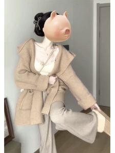 Maillard Retro Large Lapel Hooded Sweater Coat Womens Autumn and Winter Loose and Lazy Style Knitwear Jacket