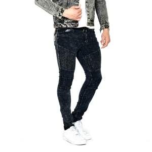 RoosterDenim - Celana Bikers Softjeans Pria Sobek Panjang Stretch Jeans Cowok Black Simpel