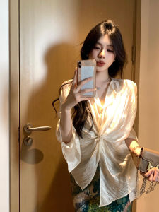 ZHILU | Vintage Tencel Knot Sleeve Slim Fit Blouse
