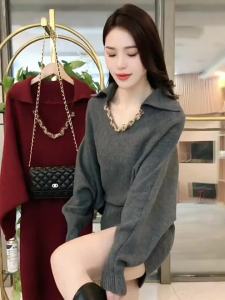 Đầm Knit Túi Dơi Vòng Cổ V Siết Eo Giảm Mỡ