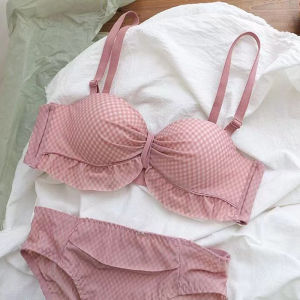 ULEEK butterfly plaid sweet Japanese cute little bra gathered without steel ring bra anti-sagging girl underwear set