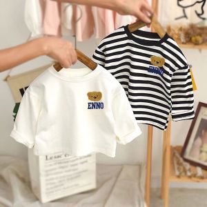 Cartoon Bear Letter Print Stripe Base Shirt Long Sleeve T-Shirt for Boys And Girls Korean Fashion Versatile Cotton Sweatshirt