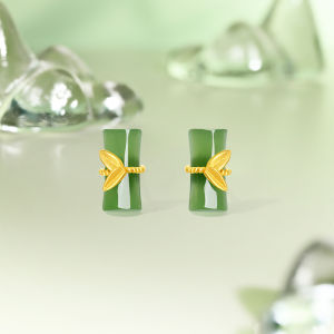 ZHOU LIU FU 周六福 999 24K Solid Gold Earrings Hetian Green Jade Studs Bamboo Earring Tiny Stud Earrings for Women Girl Birthday Anniversary Y0914712