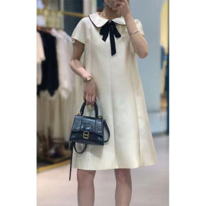 Elegant Sweet Doll Collar Short Sleeve Silk Blend Dress with Bow Knot A-Line Skirt Vintage Style Casual Spring Dress