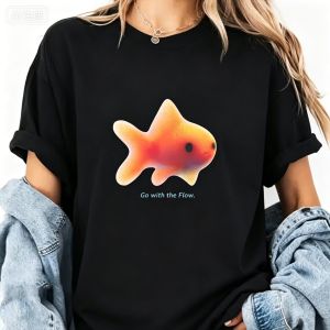 Sanrio | Aesthetic Goldfish Graphic T-Shirt Go With The Flow Slogan Print Summer Short Sleeve Harajuku Kawaii Casual Streetwear Tee Top