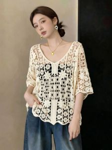 AIYITI | French Style Lace Hollow Short Sleeve Knit Blouse Thin Big Size