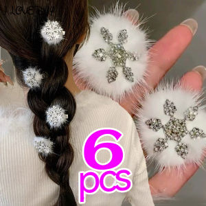1/6Pcs Plush Snowflake Rhinestone Hair Clips Women Sweet Crystal Christmas New Year Ornaments Sweet Hair Accessories Hairpins