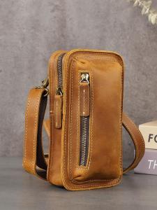 Genuine Mad Horse Leather Outdoor Sports Crossbody Bag Waist Bag Mens Single Shoulder Bag Mobile Phone Bag Casual Style