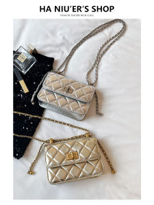 Modern Neutral Style Silver Double Gold Ball Tofu Bag Womens High-End Perforated Chain Leather Shoulder Crossbody Small Square Bag